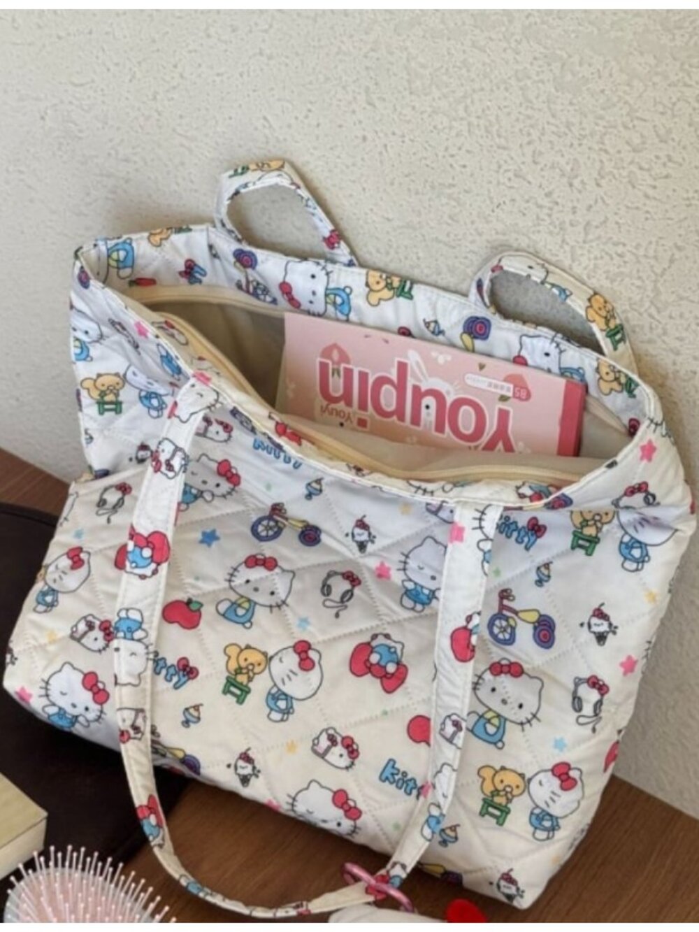 Hello Kitty Quilted Tote Bag Cute Sanrio Cartoon Print Shoulder Bag, Tote